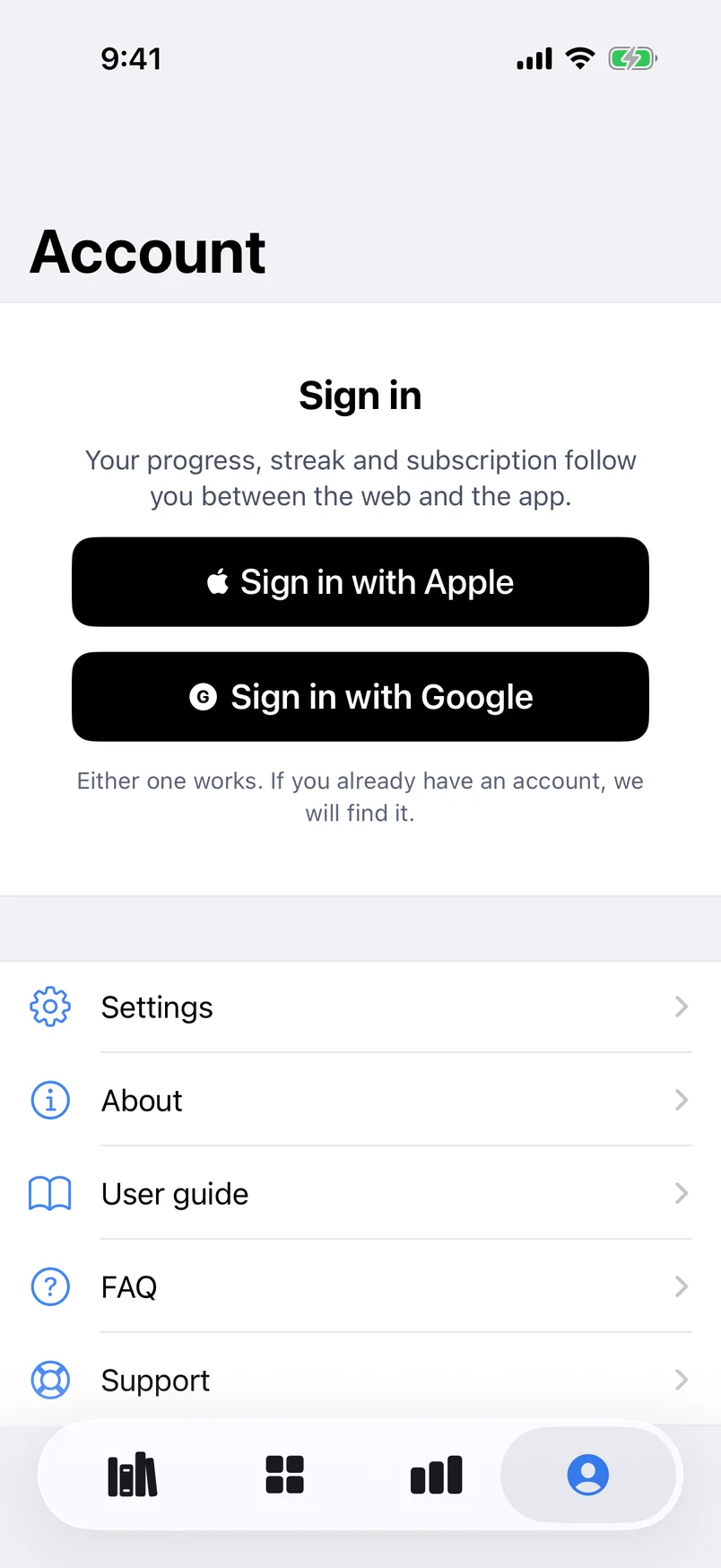 The Account tab of the iPhone app, signed out: a Sign in card with Sign in with Apple and Sign in with Google buttons, then rows for Settings, About, User guide, FAQ and Support, and the tab bar with Courses, Dashboard, Progress and Account at the bottom.