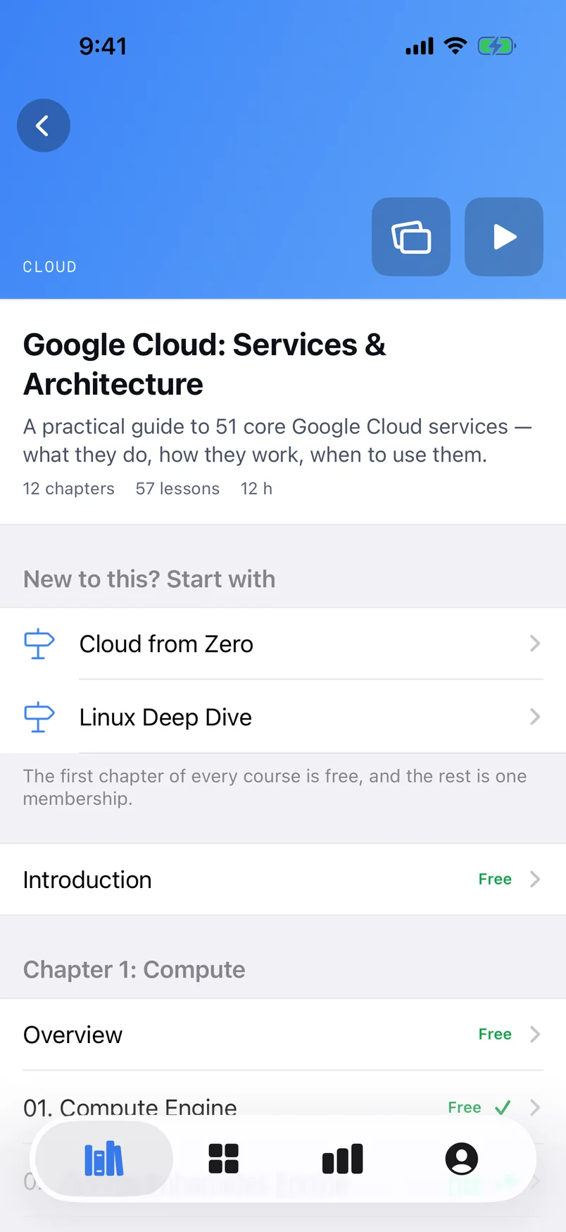 The iPhone course screen for Google Cloud: Services and Architecture: a blue header labelled Cloud with a Flashcards tile and a Play tile, the title and description, 12 chapters, 57 lessons and 12 hours, New to this? Start with Cloud from Zero and Linux Deep Dive, then Introduction and Chapter 1: Compute with Free marks and a green tick on a finished lesson.