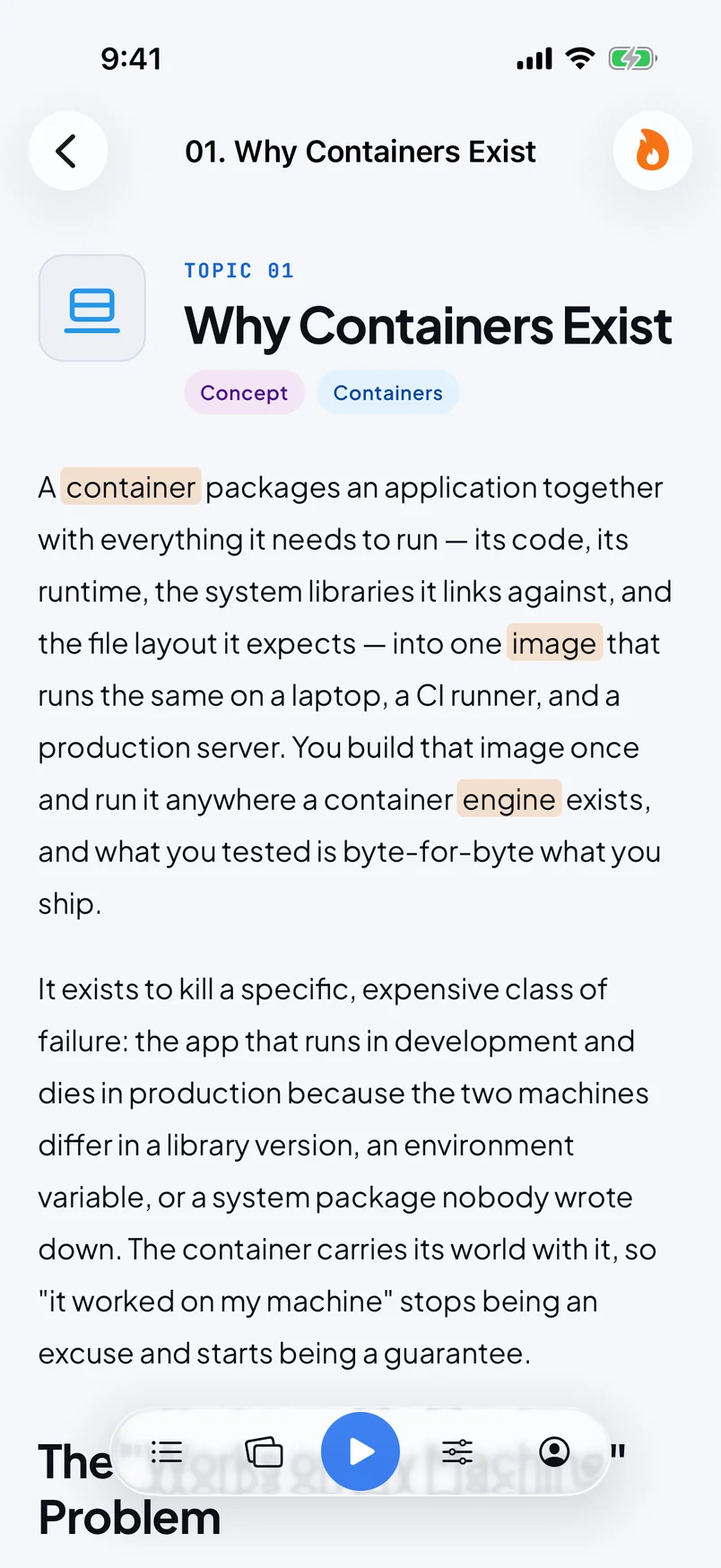 A lesson open in the iPhone app: the title Why Containers Exist with highlighted glossary terms in the text, a back button and a lit flame in the top bar, and the reader bar at the bottom with Lesson list, Flashcards, a blue Play button, Reader settings and Account.