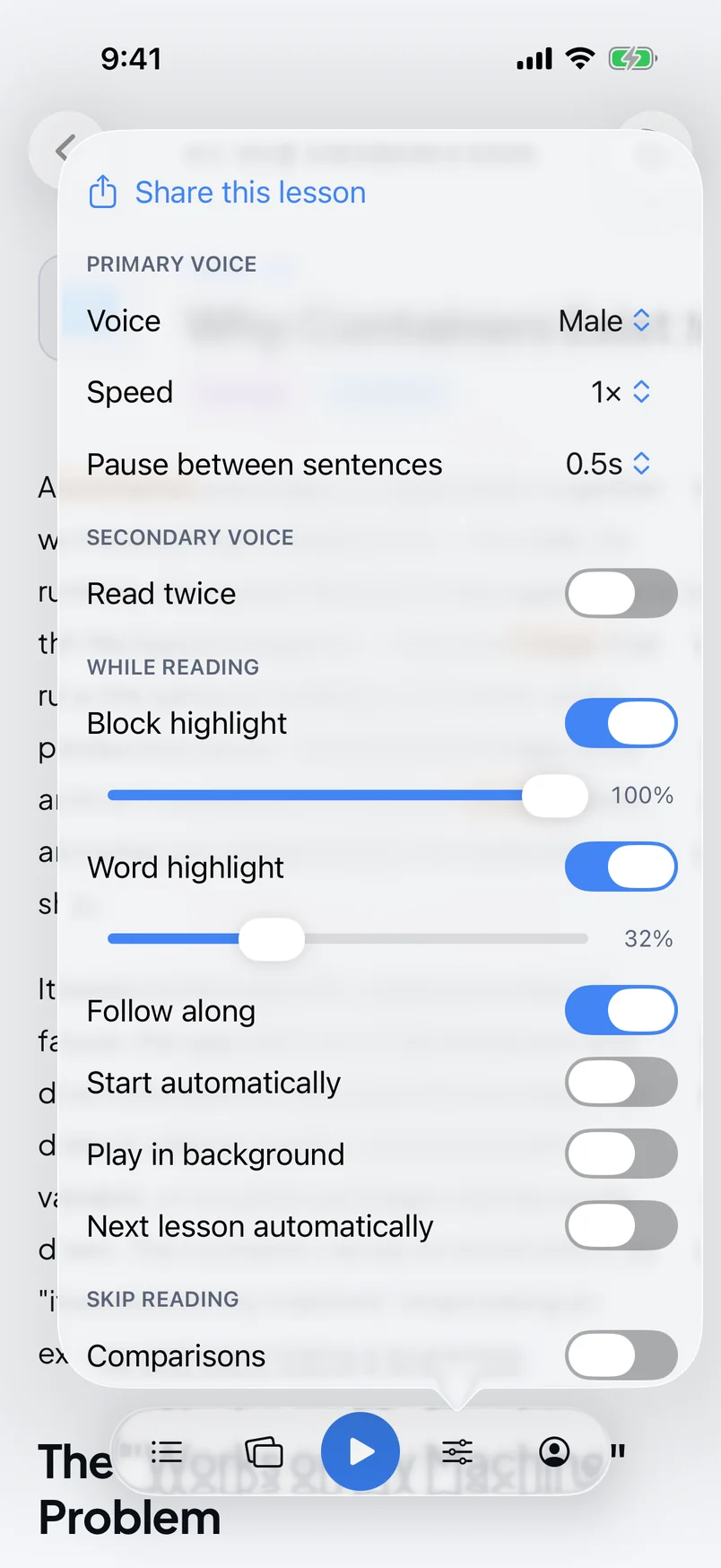 The Reader settings panel over a lesson: Share this lesson; Primary voice with Voice, Speed and Pause between sentences; Secondary voice with the Read twice switch; While reading with Block highlight and Word highlight and their strength sliders, Follow along, Start automatically, Play in background and Next lesson automatically; and the start of Skip reading.