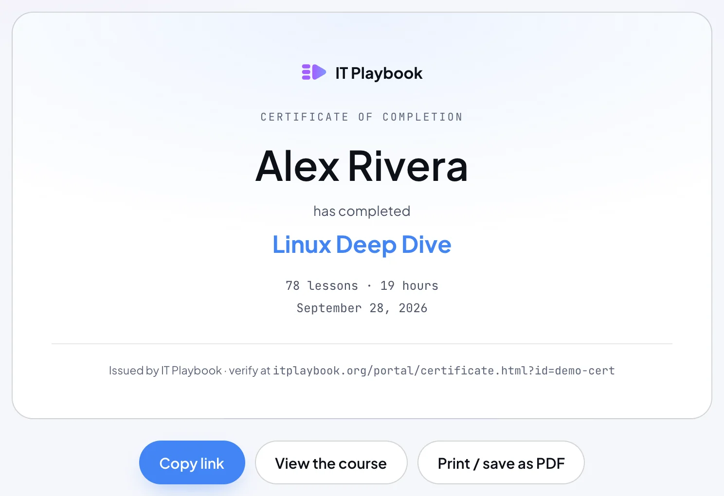 A certificate of completion for Alex Rivera, Linux Deep Dive, with the lesson count, hours and date, and buttons to copy the link, view the course and print or save it as a PDF.