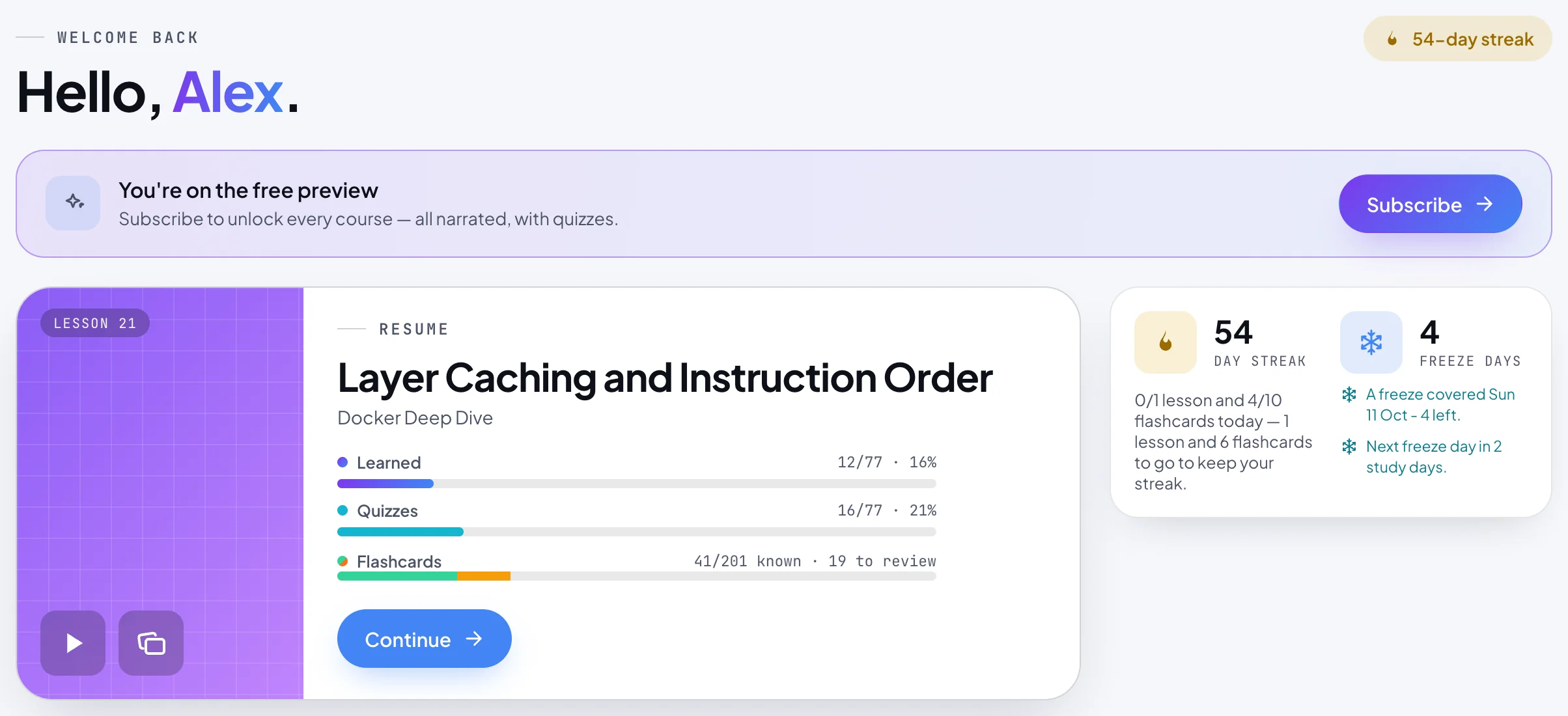 The top of the dashboard: Hello, Alex, the streak chip, the free preview banner with Subscribe, and the Resume card for Docker Deep Dive with its Learned, Quizzes and Flashcards bars and a Continue button, next to the streak card.