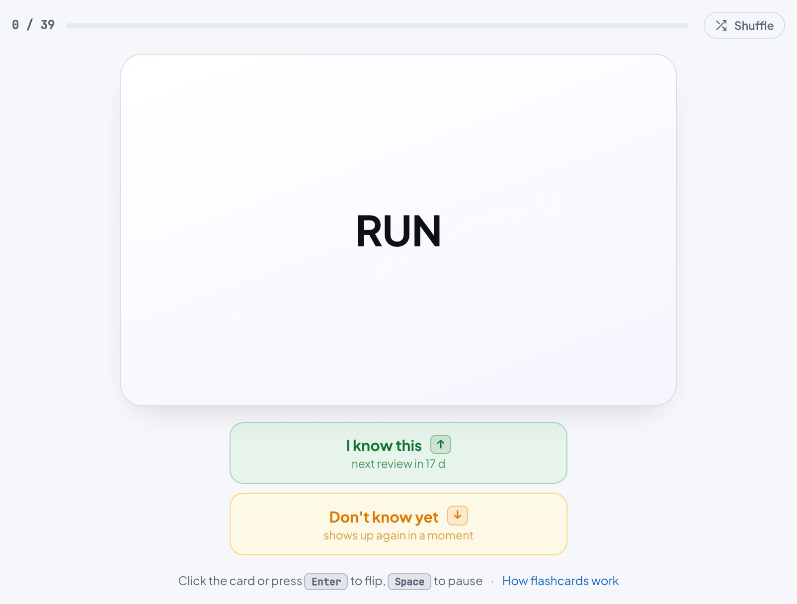 The card turned over to show the term. The I know this button now says when the card would come back, for example next review in 3 d.