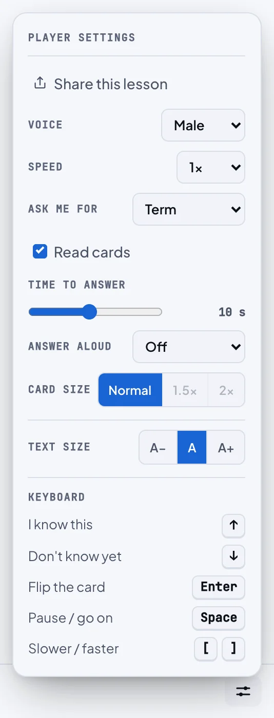 Player settings on the flashcards page: Share this lesson, Voice, Speed, Ask me for, Read cards, the Time to answer slider, Answer aloud, Card size, Text size and the keyboard list.