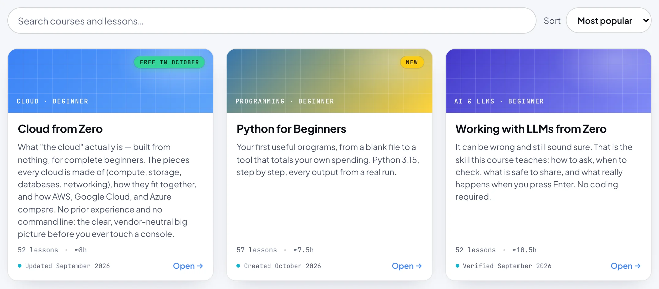 The catalogue toolbar: a search box reading Search courses and lessons, and a Sort menu set to Most popular, above the first row of course cards.