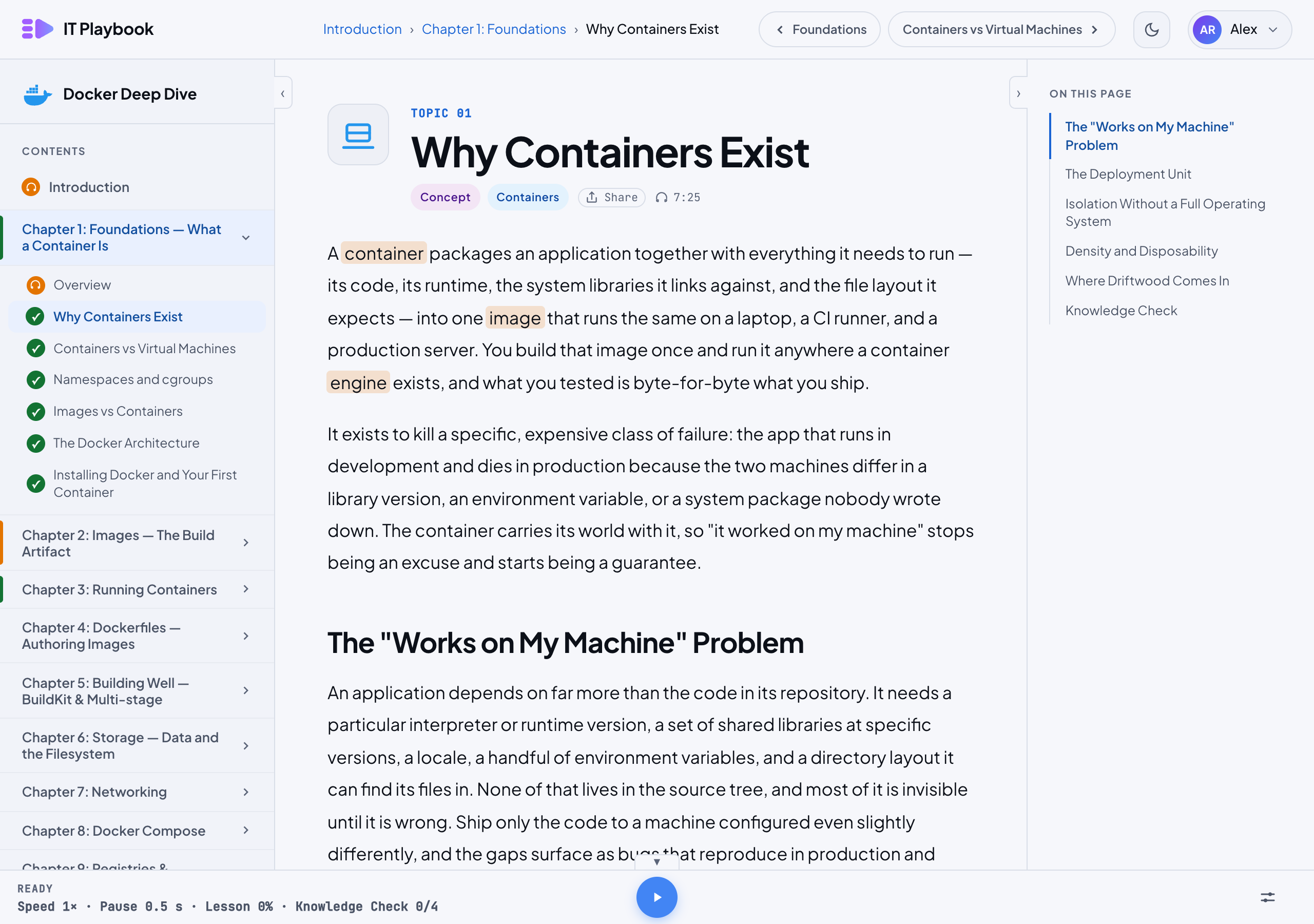A lesson page: the course contents sidebar on the left, the lesson title and text in the middle, the On this page list on the right, and the audio bar along the bottom.