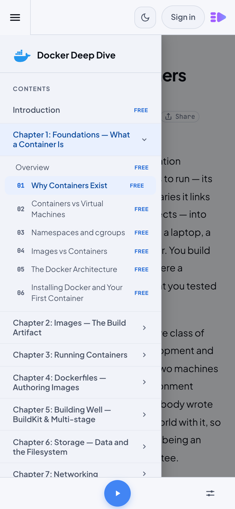The same lesson on a phone with the contents drawer open over the page: course name, chapters with free tags, the menu button at the top left, and a compact audio bar with only Play and the settings button.