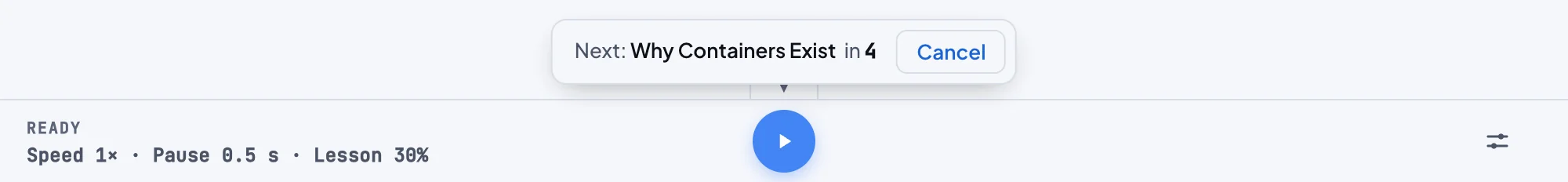 Above the audio bar, a countdown reading Next, the title of the next page, in 4, with a Cancel button.