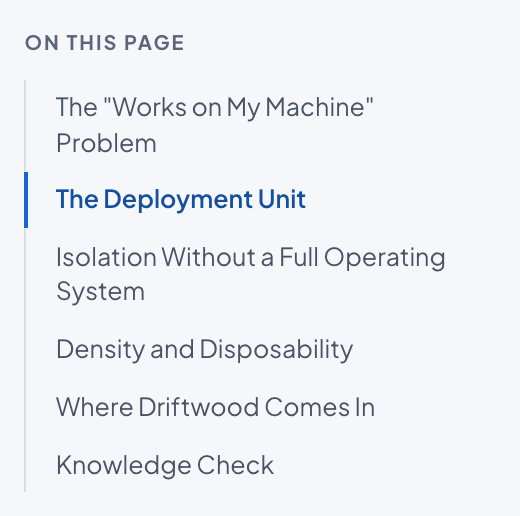The On this page panel listing the lesson's section headings, with the section in view highlighted.