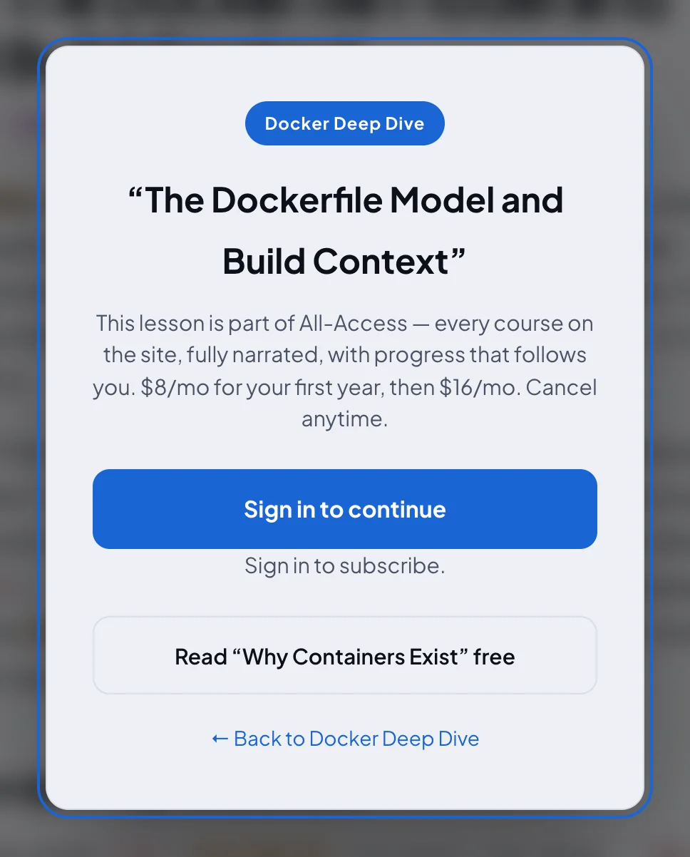 A locked lesson: a card naming the lesson, explaining it is part of the membership, with a Sign in to continue button, a link to read a free lesson and a link back to the course.