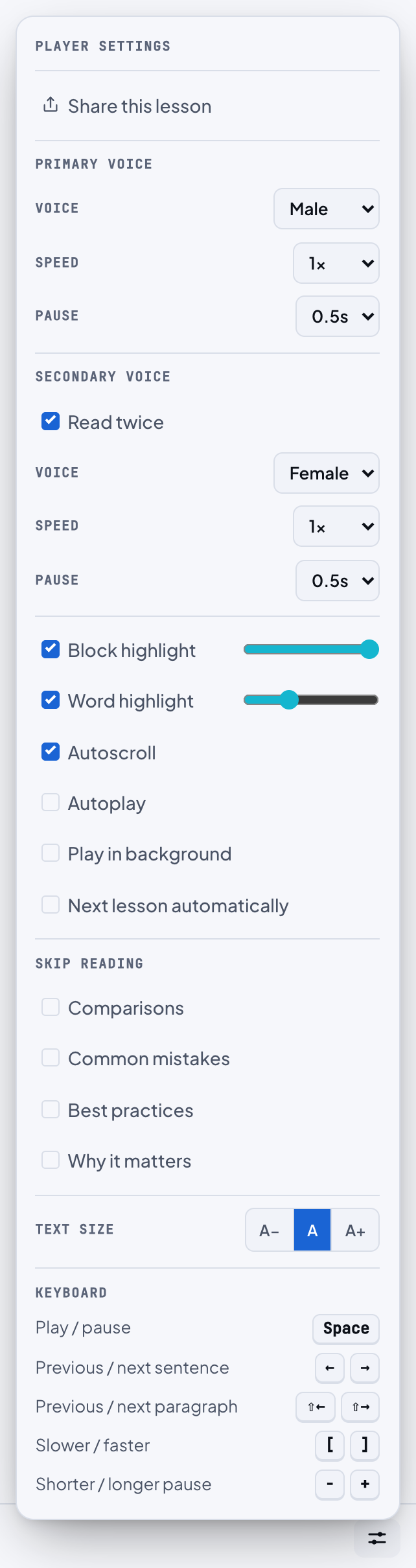 The Player settings panel: Share this lesson, the Primary voice with Voice, Speed and Pause, the Secondary voice with Read twice on and its own Voice, Speed and Pause, the highlight switches with strength sliders, Autoscroll, Autoplay, Play in background, Next lesson automatically, the four Skip reading switches, Text size and the keyboard list.