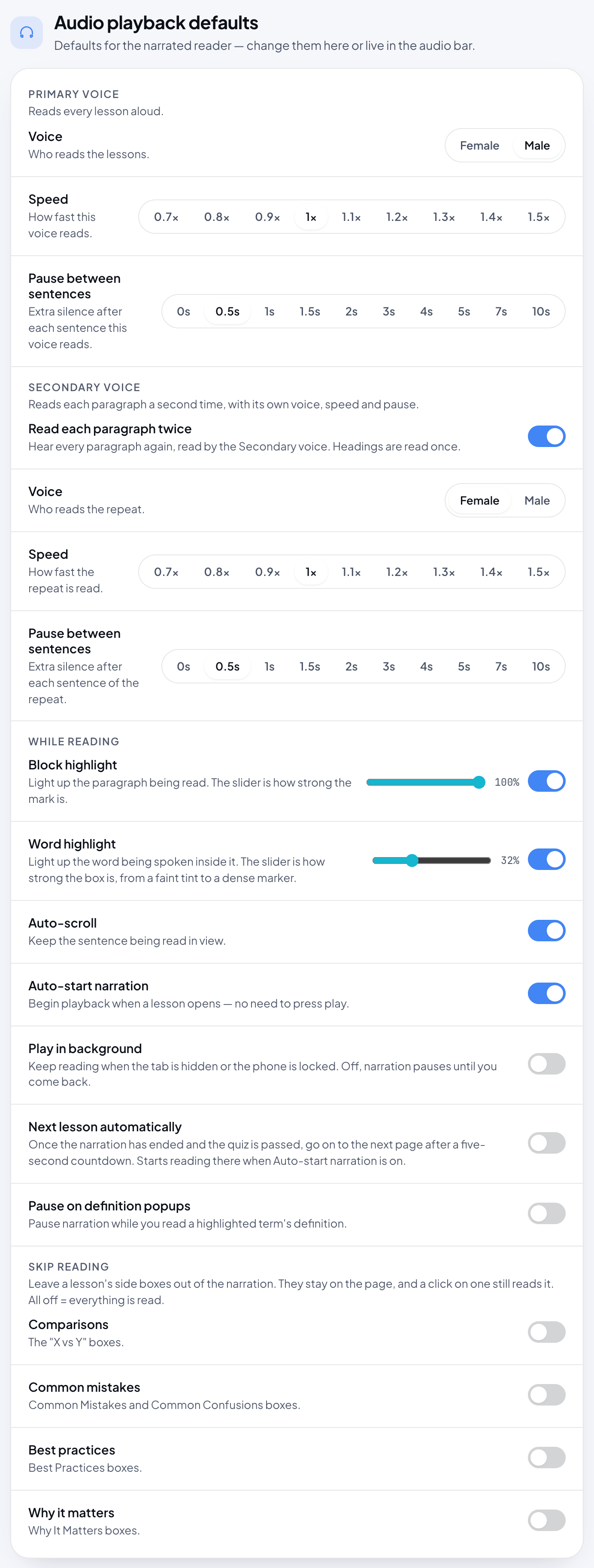 Audio playback defaults: the Primary and Secondary voice rows, the While reading switches with highlight strength sliders, and the four Skip reading switches.