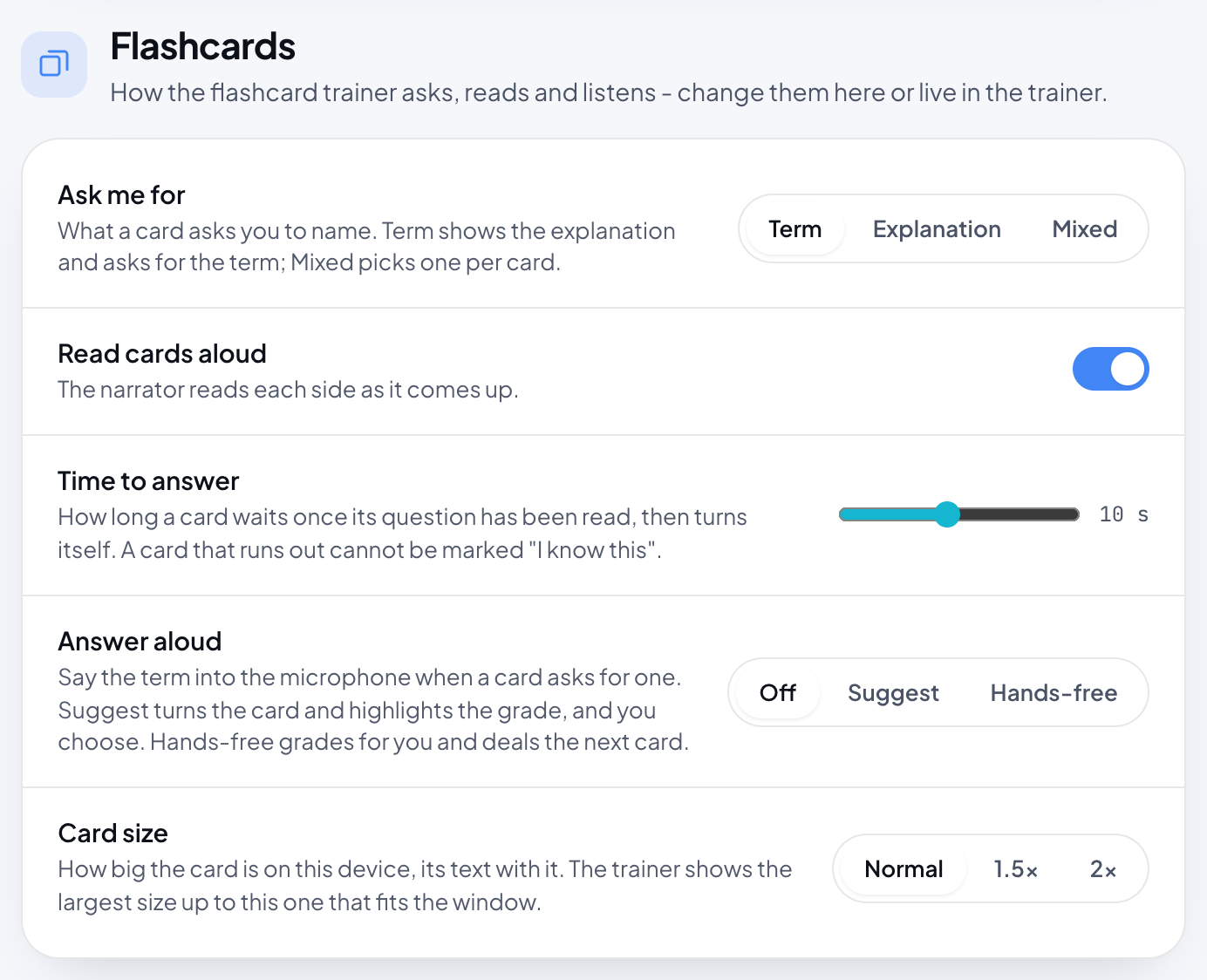 The Flashcards settings: Ask me for, Read cards aloud, Time to answer, Answer aloud and Card size.