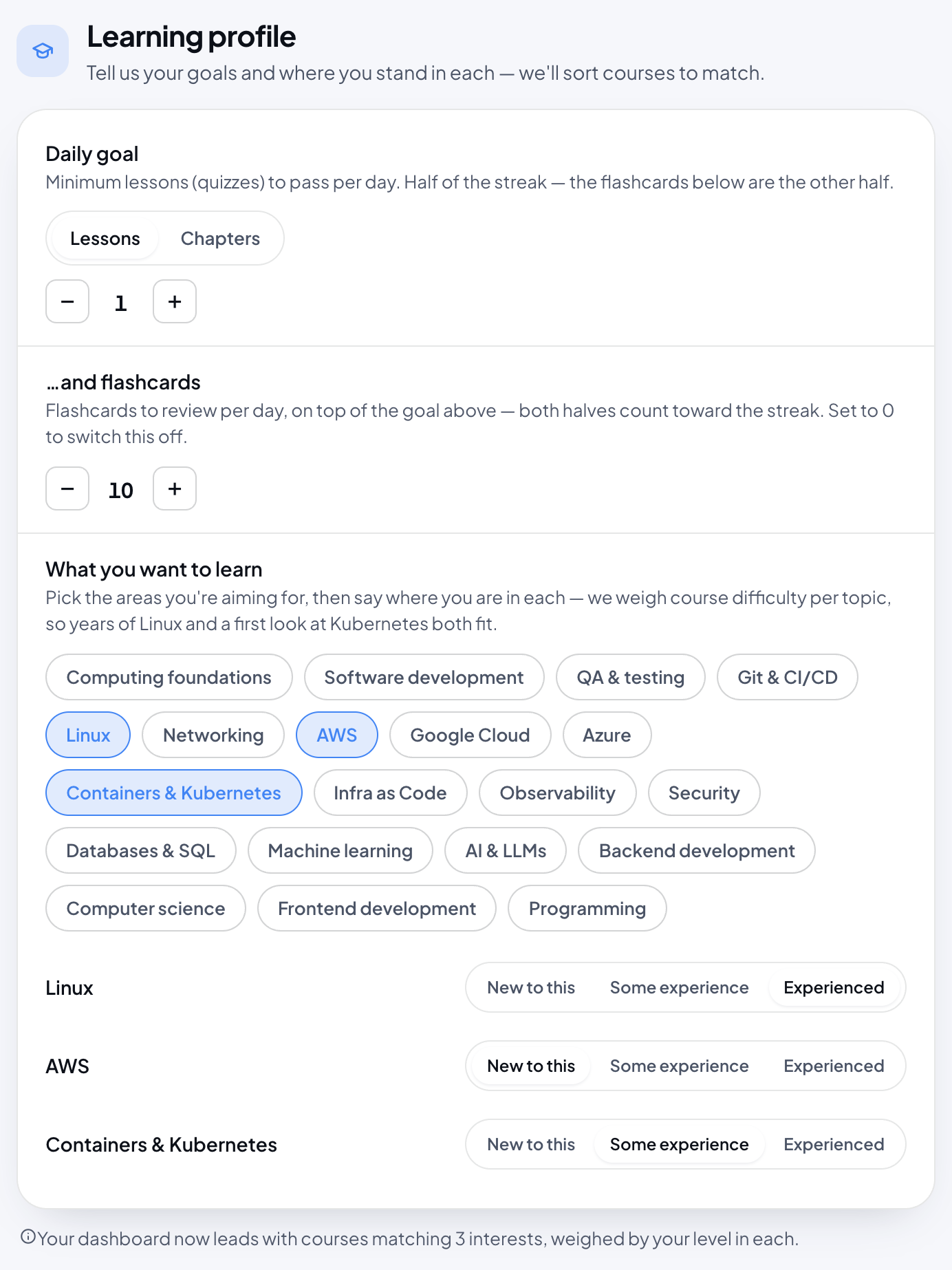 The Learning profile section: the daily goal set to 1 lesson and 10 flashcards, the topic chips with Linux, AWS and Containers picked, and a level for each picked topic.