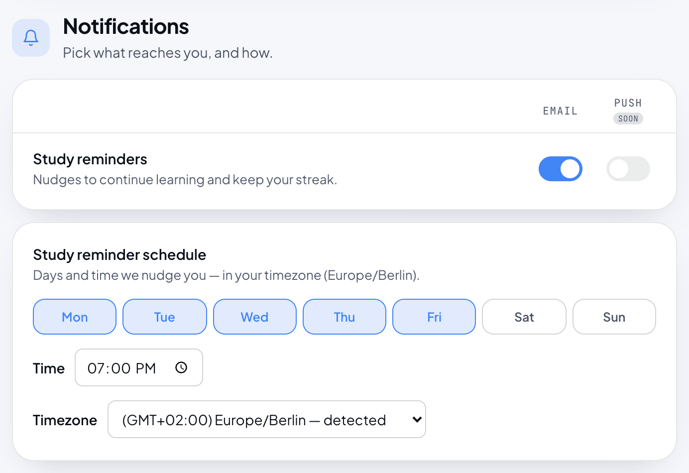 Notifications: switches for Email and Push per category, with Push marked as coming soon on the website, and the study reminder schedule with days, time and timezone.