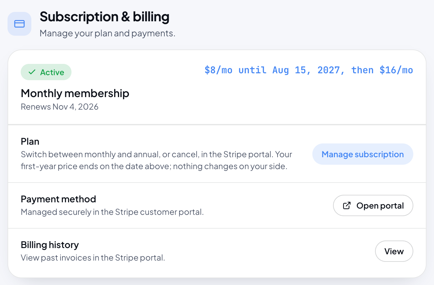 Subscription and billing with an active monthly membership: the renewal date, the first-year price, and buttons for the plan, the payment method and billing history.