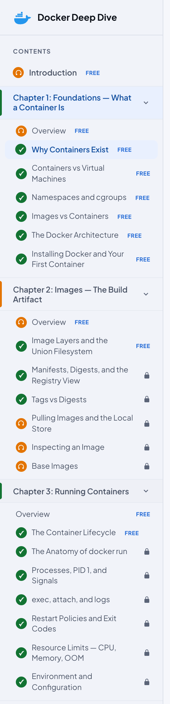 The sidebar for a visitor without a membership: free pages carry a small free tag, paid lessons a lock icon.
