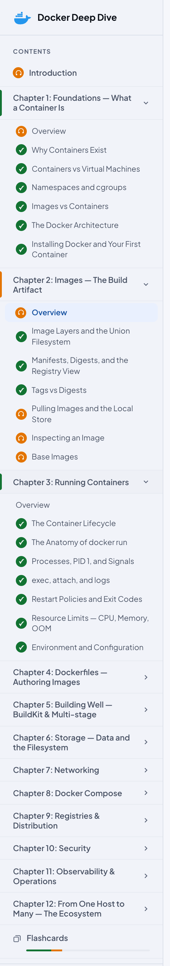 The course sidebar: chapter 1 with a green tick on every lesson and a green bar along the chapter, chapter 2 with green ticks on its first three lessons, amber headphone marks on the last three and an amber bar, chapter 3 with ticks and a green bar, and the Flashcards row with a green and amber progress bar under it.